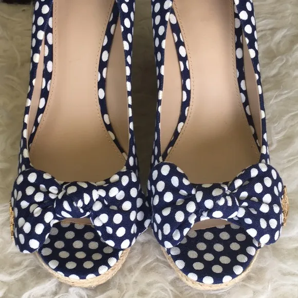 Tory BurchNavy Blue White Polka Dot New Espadrilles Wedges Heels Sandals