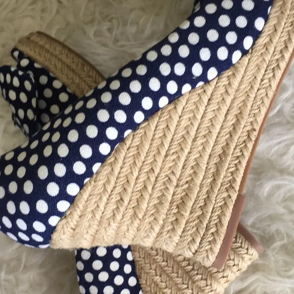 Tory BurchNavy Blue White Polka Dot New Espadrilles Wedges Heels Sandals
