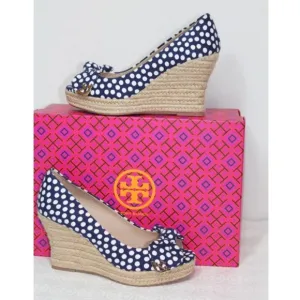 Tory BurchNavy Blue White Polka Dot New Espadrilles Wedges Heels Sandals