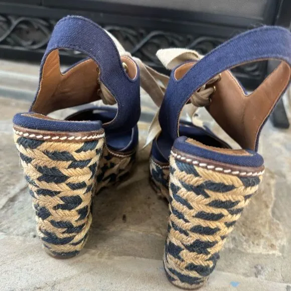 Tory Burch Liney High Wedge Espadrilles Navy Blue SZ 9 with dust bag
