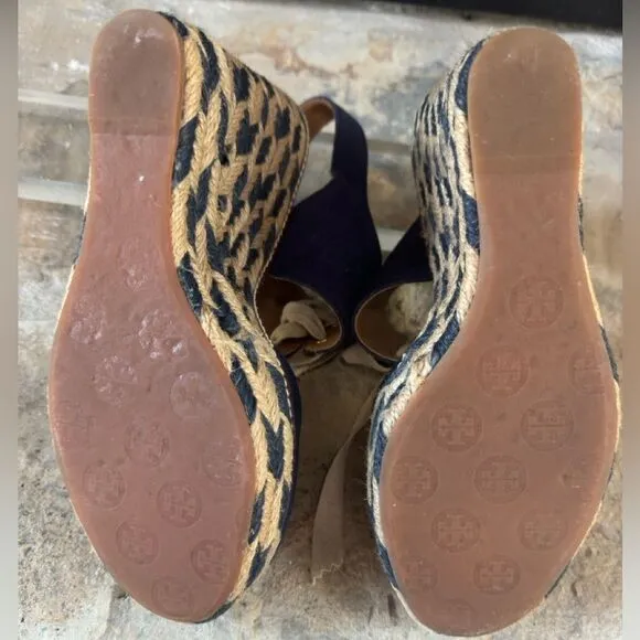 Tory Burch Liney High Wedge Espadrilles Navy Blue SZ 9 with dust bag