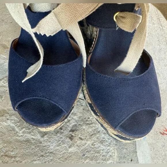 Tory Burch Liney High Wedge Espadrilles Navy Blue SZ 9 with dust bag