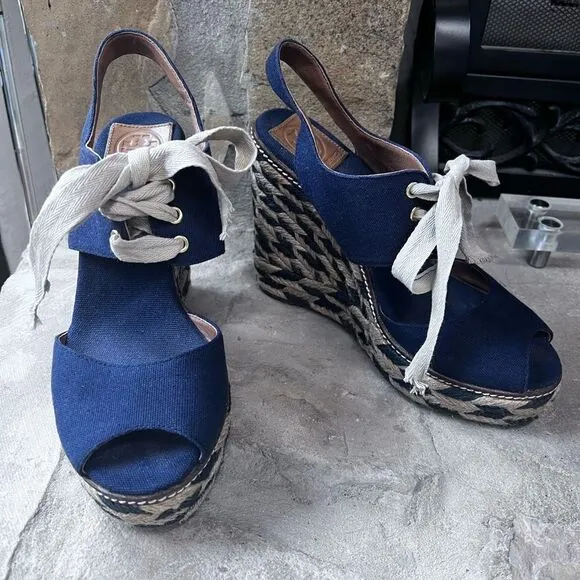 Tory Burch Liney High Wedge Espadrilles Navy Blue SZ 9 with dust bag