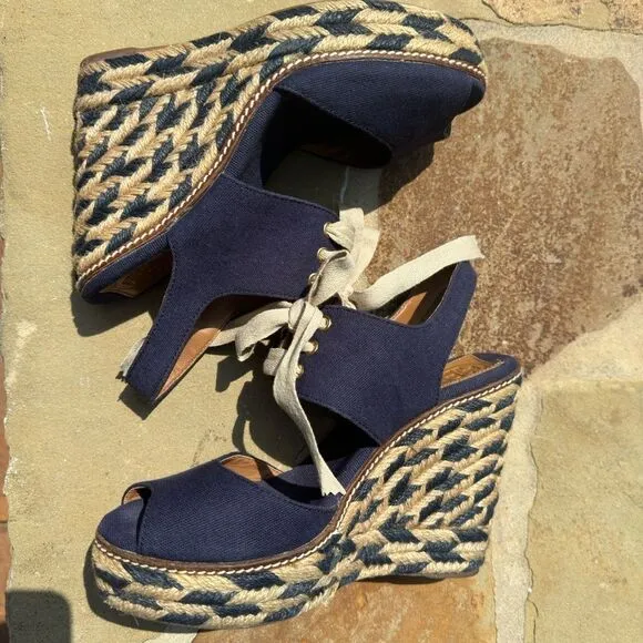 Tory Burch Liney High Wedge Espadrilles Navy Blue SZ 9 with dust bag