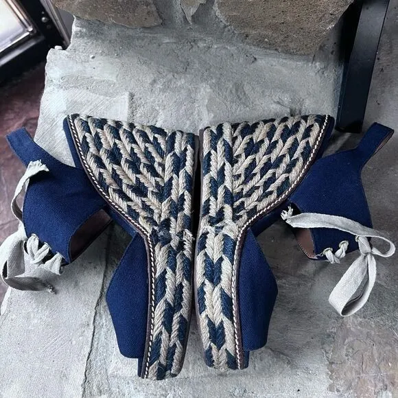 Tory Burch Liney High Wedge Espadrilles Navy Blue SZ 9 with dust bag