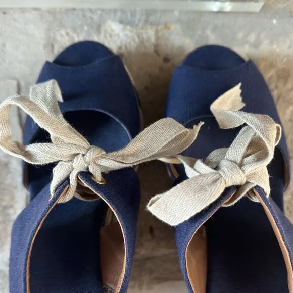 Tory Burch Liney High Wedge Espadrilles Navy Blue SZ 9 with dust bag