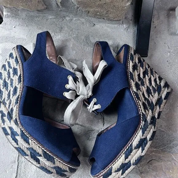 Tory Burch Liney High Wedge Espadrilles Navy Blue SZ 9 with dust bag