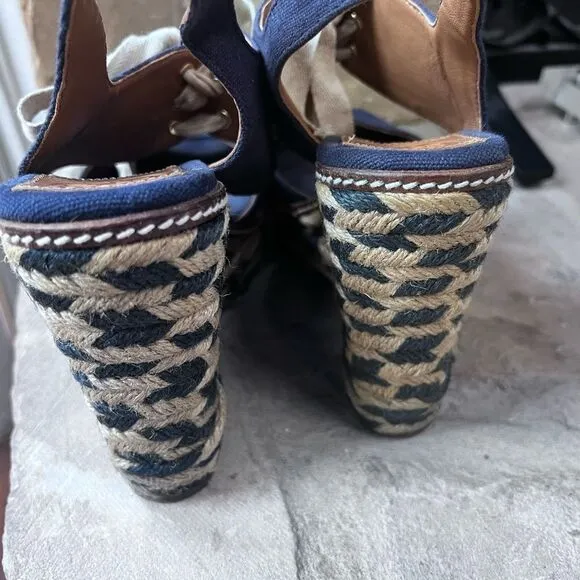 Tory Burch Liney High Wedge Espadrilles Navy Blue SZ 9 with dust bag