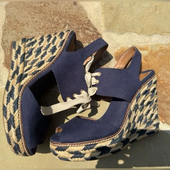Tory Burch Liney High Wedge Espadrilles Navy Blue SZ 9 with dust bag