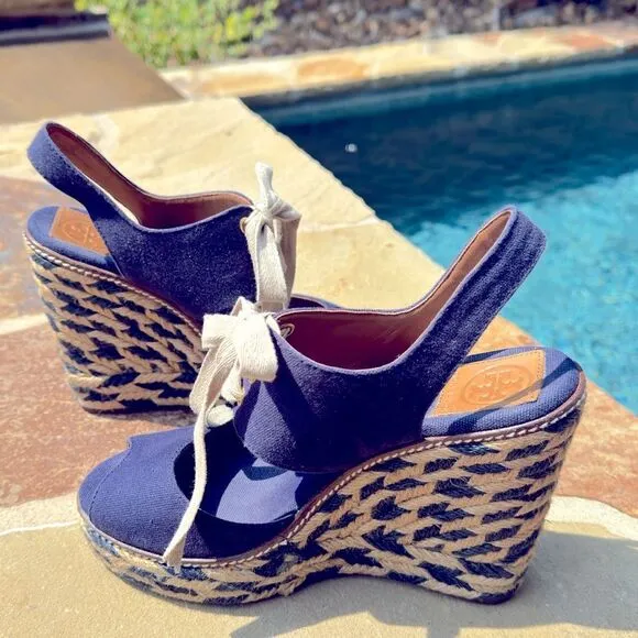 Tory Burch Liney High Wedge Espadrilles Navy Blue SZ 9 with dust bag