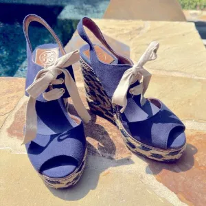 Tory Burch Liney High Wedge Espadrilles Navy Blue SZ 9 with dust bag