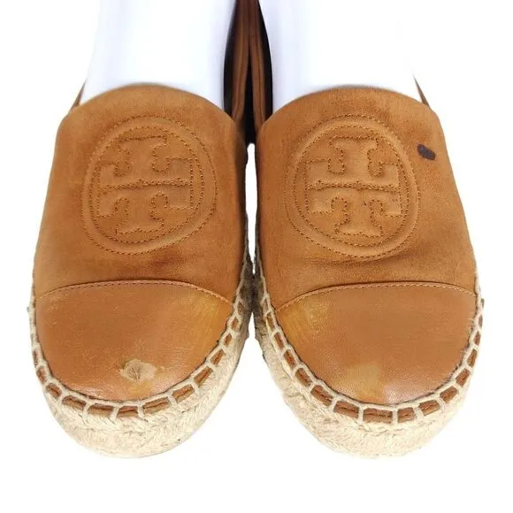 Tory Burch Women's US 7,5M Brown Leather Suede Flats Slip-On Espadrilles Shoes