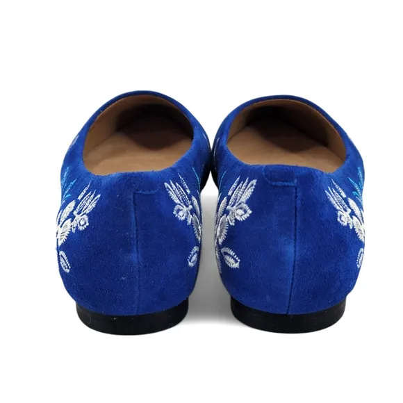 Trotters Estee Embroidered Suede Flats Blue Floral Leather Slip-On Ballet Shoes