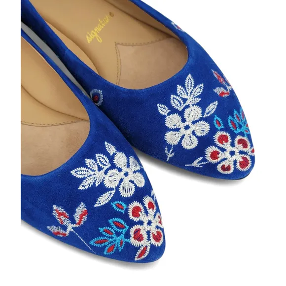 Trotters Estee Embroidered Suede Flats Blue Floral Leather Slip-On Ballet Shoes