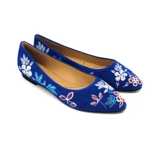 Trotters Estee Embroidered Suede Flats Blue Floral Leather Slip-On Ballet Shoes