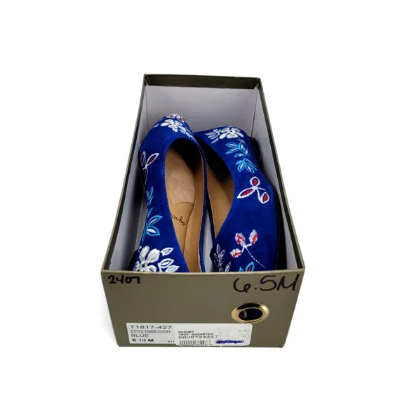 Trotters Estee Embroidered Suede Flats Blue Floral Leather Slip-On Ballet Shoes