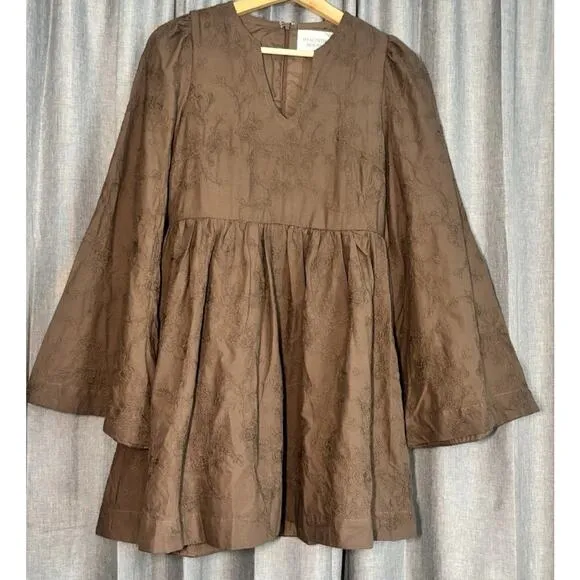 Tuckernuck Hyacinth House Women's Brown Textured Becca Bell-Sleeved Dress Xsmall