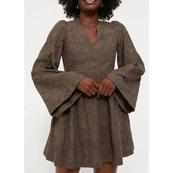 Tuckernuck Hyacinth House Women's Brown Textured Becca Bell-Sleeved Dress Xsmall