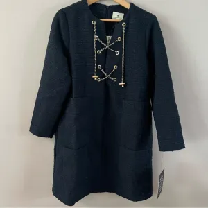 Tuckernuck tie tweed Kelly mini shift dress ladies xs navy blue gold chain