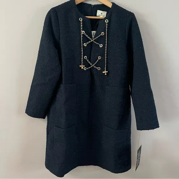 Tuckernuck tie tweed Kelly mini shift dress ladies xs navy blue gold chain