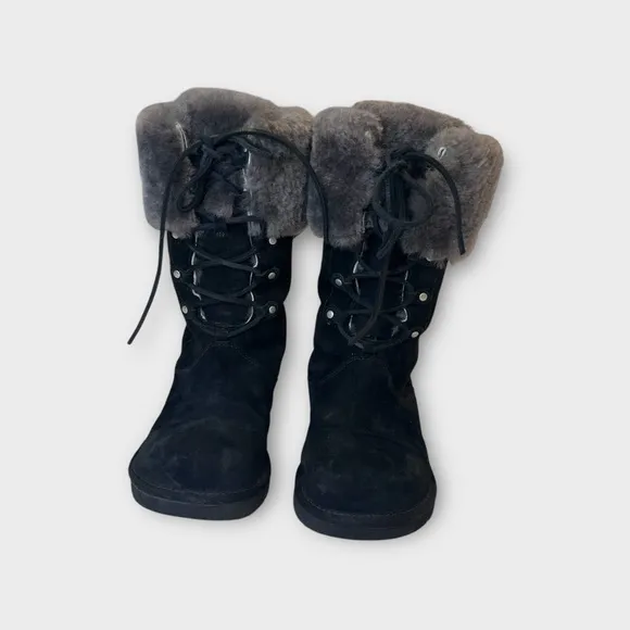 UGG 1892 Montclair Black Lace Up Boots With Fur Trim SZ 8