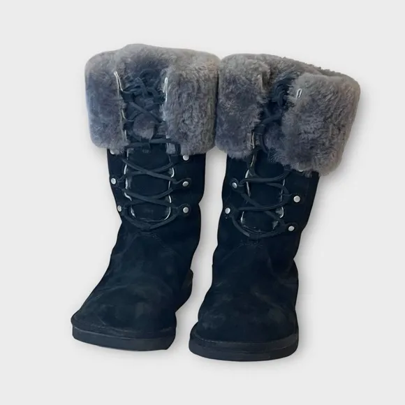 UGG 1892 Montclair Black Lace Up Boots With Fur Trim SZ 8