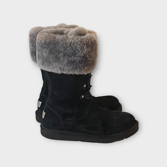 UGG 1892 Montclair Black Lace Up Boots With Fur Trim SZ 8