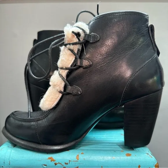 UGG ANALISE EXPOSED FUR BLACK LEATHER HEELED BOOTS SIZE 7