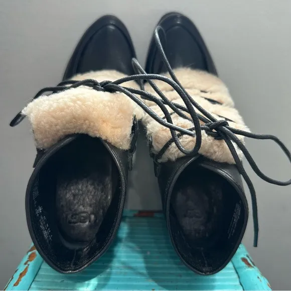 UGG ANALISE EXPOSED FUR BLACK LEATHER HEELED BOOTS SIZE 7
