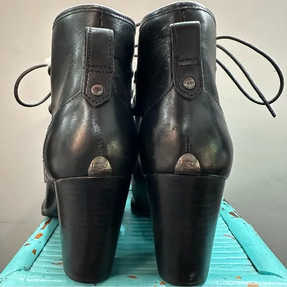 UGG ANALISE EXPOSED FUR BLACK LEATHER HEELED BOOTS SIZE 7
