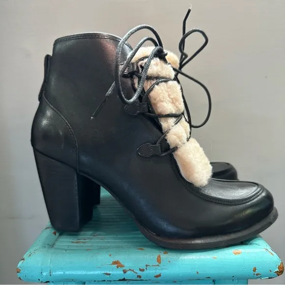 UGG ANALISE EXPOSED FUR BLACK LEATHER HEELED BOOTS SIZE 7