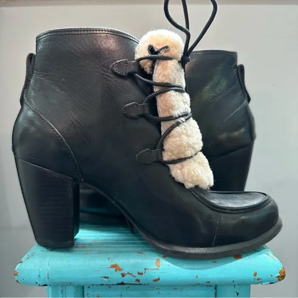 UGG ANALISE EXPOSED FUR BLACK LEATHER HEELED BOOTS SIZE 7