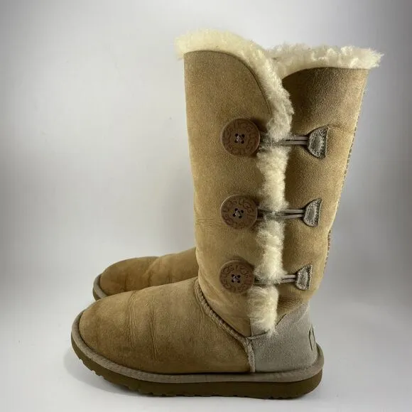 Ugg Australia Bailey Button Triplet Boots Suede Tall Shearling Lined Womens 6