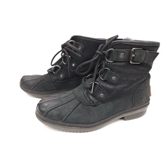 UGG Australia Cecile Waterproof Duck Boots Womens Size 6 Black Lace Up 1007999