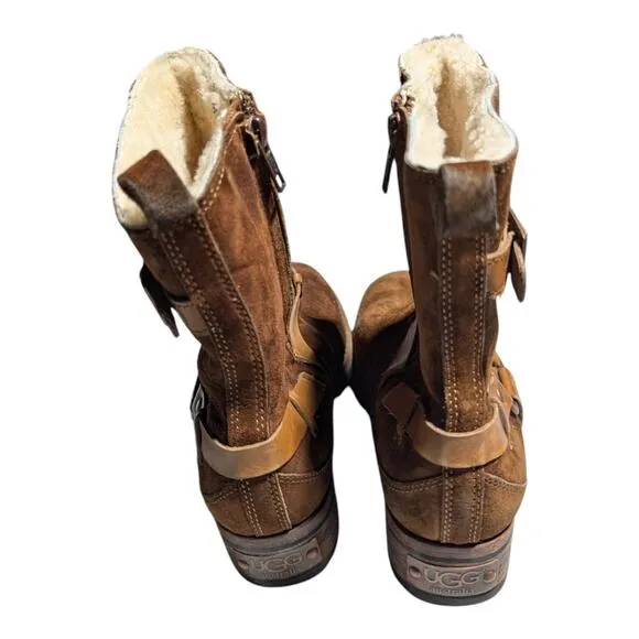 Ugg Australia Endell Brown Suede Shearling Lined Harness Moto Biker Boots 6.5