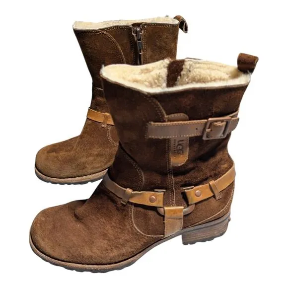 Ugg Australia Endell Brown Suede Shearling Lined Harness Moto Biker Boots 6.5