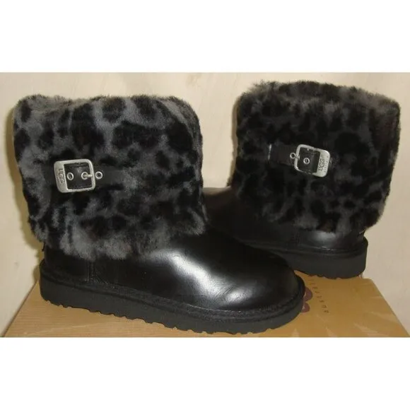 UGG Australia KIDS ELLEE Black Leopard Cuff Boots TODDLER Size US 1 NIB 1003723