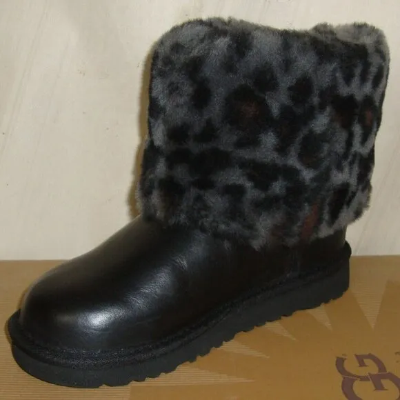 UGG Australia KIDS ELLEE Black Leopard Cuff Boots TODDLER Size US 1 NIB 1003723