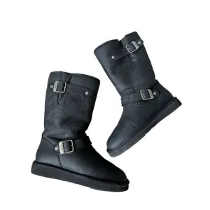 UGG Australia Women Sutter Black Leather Dual Buckle Moto Biker Boots size 6