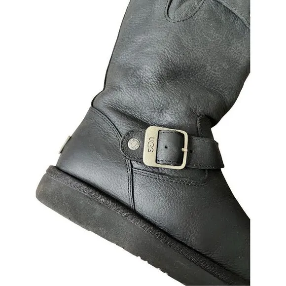 UGG Australia Women Sutter Black Leather Dual Buckle Moto Biker Boots size 6
