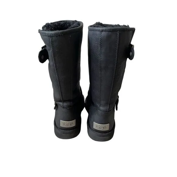 UGG Australia Women Sutter Black Leather Dual Buckle Moto Biker Boots size 6