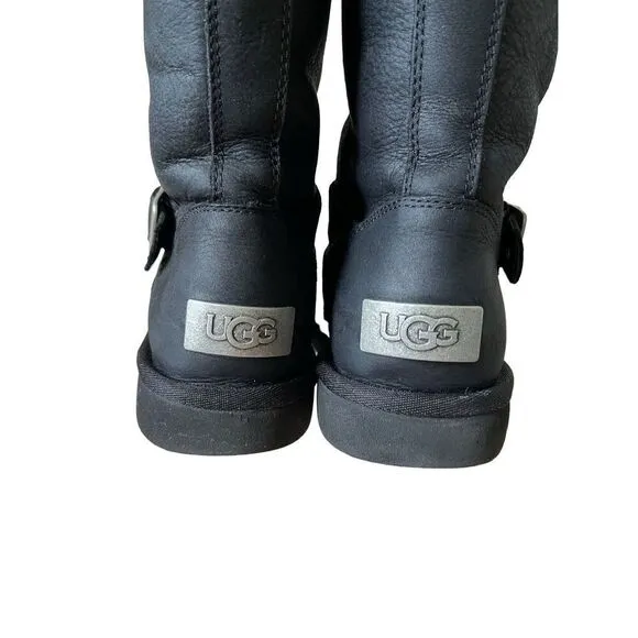 UGG Australia Women Sutter Black Leather Dual Buckle Moto Biker Boots size 6