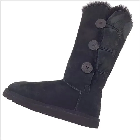 Ugg Bailey Button Tall Triplet Suede Fur Shearling Lined Boots Black Size 7