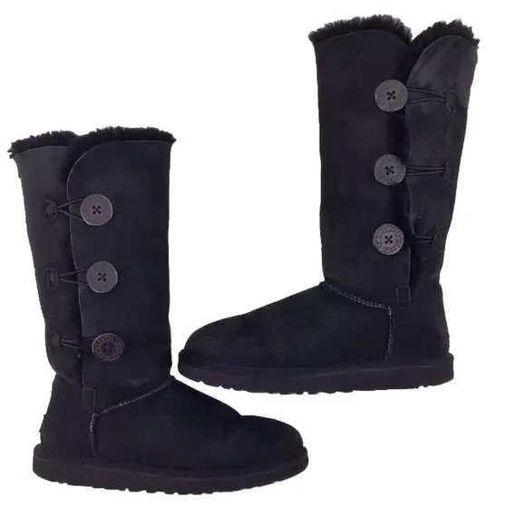 Ugg Bailey Button Tall Triplet Suede Fur Shearling Lined Boots Black Size 7