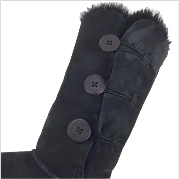 Ugg Bailey Button Tall Triplet Suede Fur Shearling Lined Boots Black Size 7
