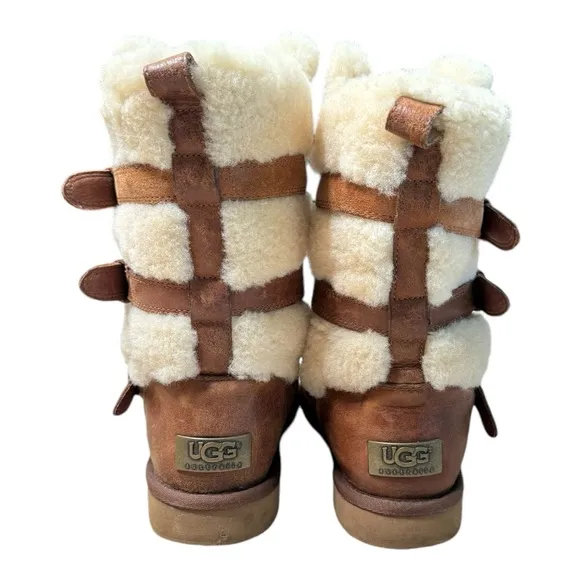 UGG Becket Boots 7 Mid-Calf Leather Shearling Fur Buckle Chestnut Brown