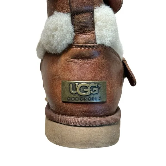 UGG Becket Boots 7 Mid-Calf Leather Shearling Fur Buckle Chestnut Brown