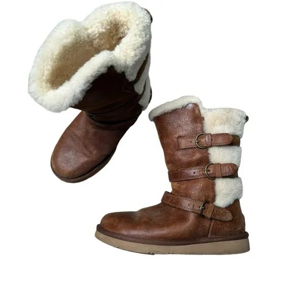 UGG Becket Boots 7 Mid-Calf Leather Shearling Fur Buckle Chestnut Brown