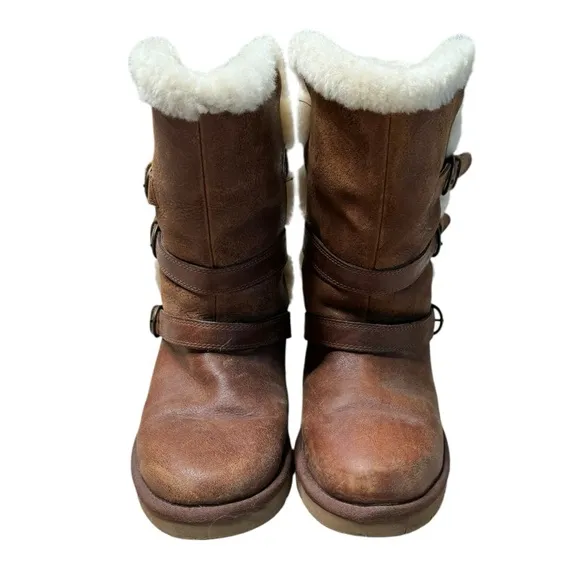 UGG Becket Boots 7 Mid-Calf Leather Shearling Fur Buckle Chestnut Brown