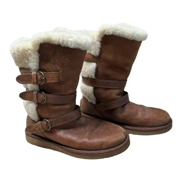 UGG Becket Boots 7 Mid-Calf Leather Shearling Fur Buckle Chestnut Brown